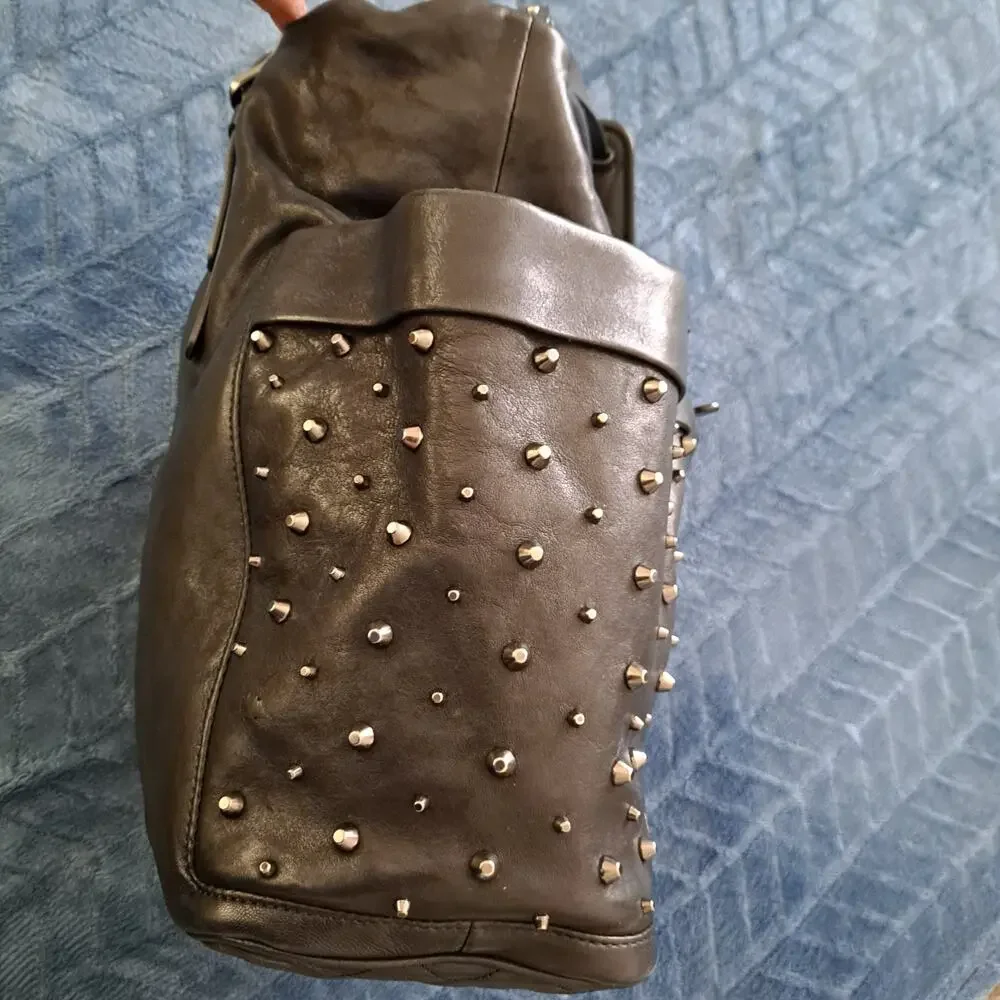 Jimmy Choo Blare Studded Shoulder Purse Satchel Tote Bag Black Glossy Leather